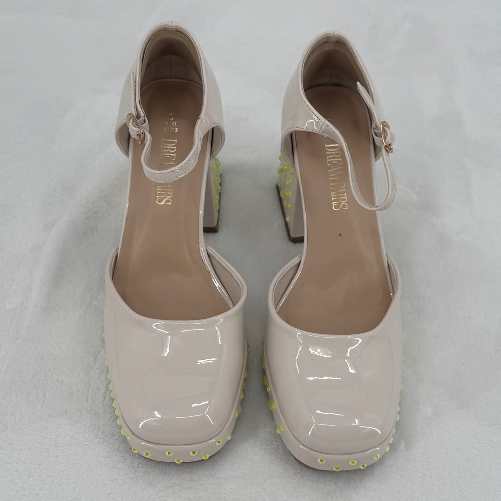 Dream Pairs Nude Patent Heels Rhinestone Platform Studded Block Heel Womans Sz 8